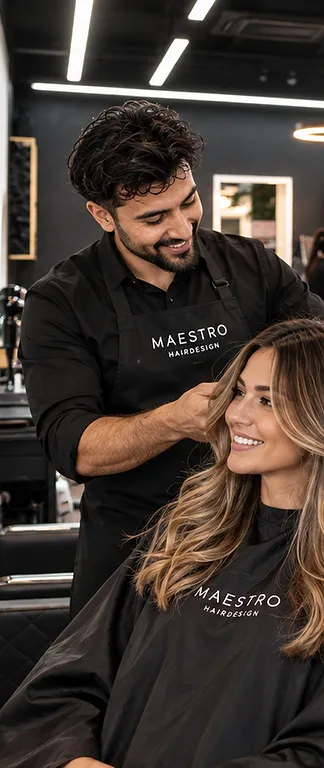 Een stylist van Maestro aan het werk bij een klant met lang, golvend haar